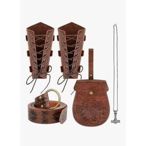 Viking Cosplay Costume Set Leather Bracers Belt Pouch Thor Hammer‎ Necklace